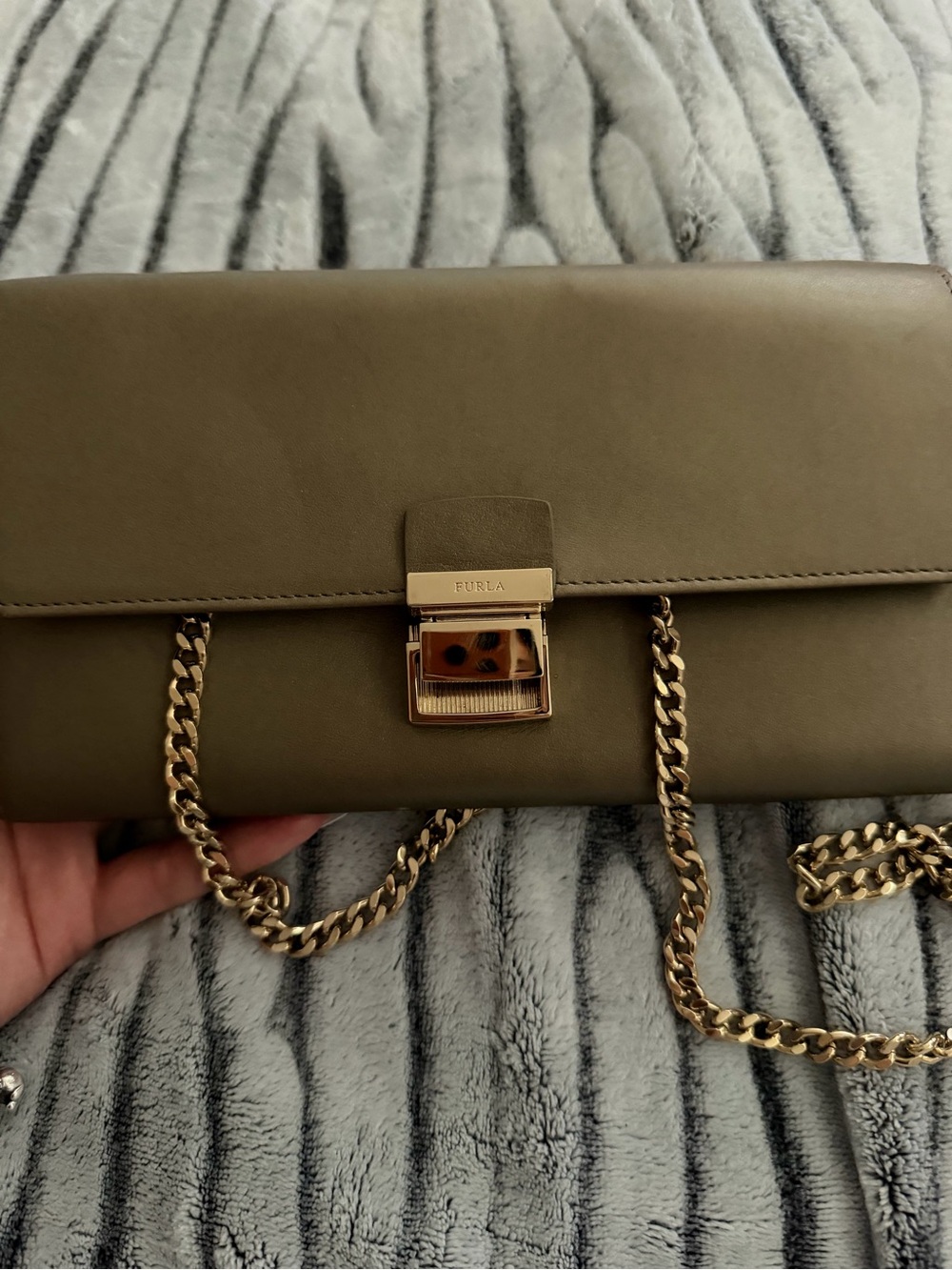 Furla Olive Green Leather Chain Crossbody Bag